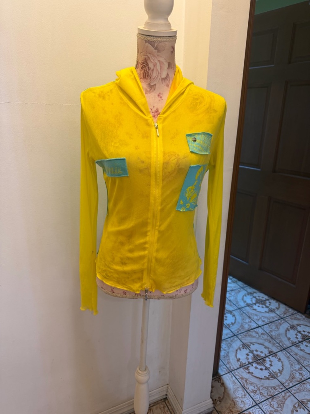 Bright Yellow Hooded Lightweight Jacket with Blue Accent Patches